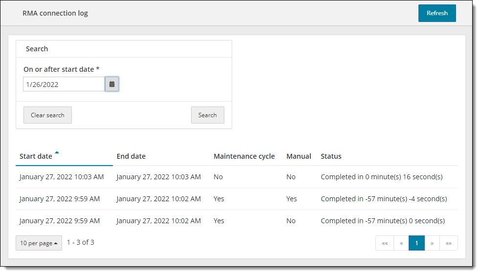 The RMA connection log page automatically runs a connection log query when you launch the application.